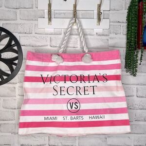 Victoria’s Secret Pink & White Striped Tote Bag Rope Handles Beach Pool